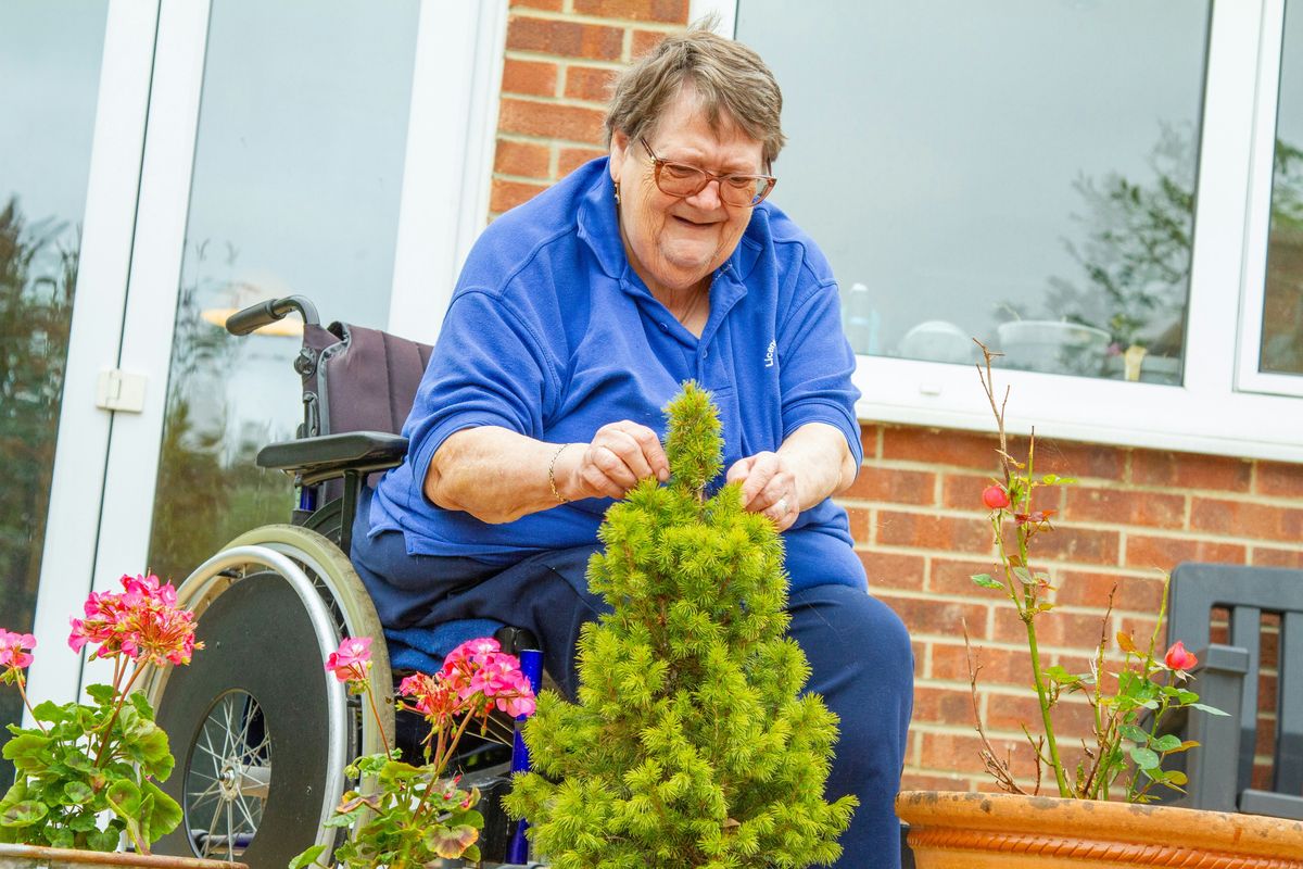 An older woman tending the plants in her garden.